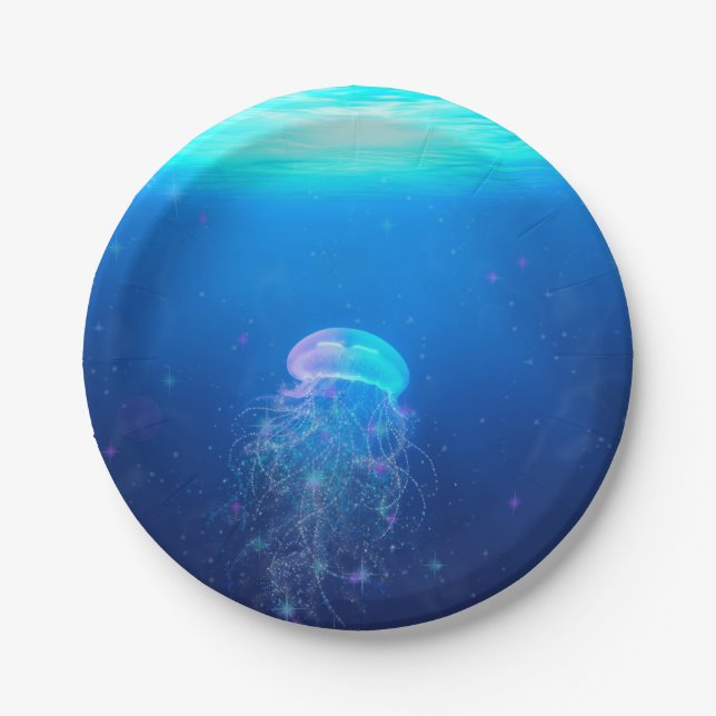 Glowing blue jellyfish swimming in mystical ocean paper plates (Front)