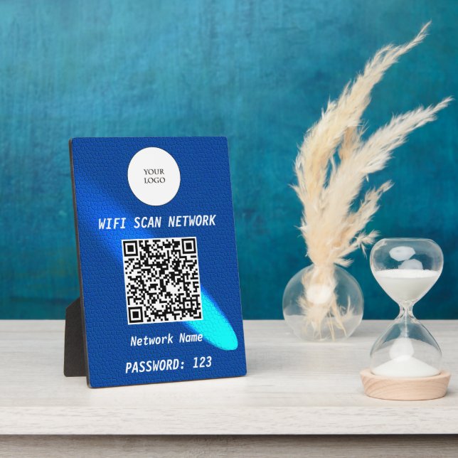 Glowing Blue Leather Free Wifi Scan & QR Code Plaque (Side)