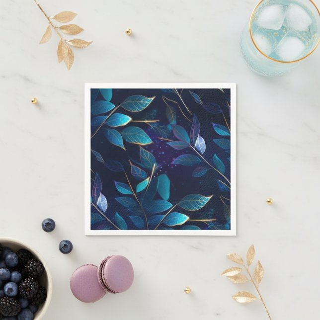 Glowing Blue Leaves Paper Napkins (Lovely set of napkins for your blue-themed party.)