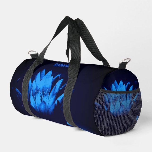 Glowing Blue Lotus Lily Flower Personalized Duffle Bag (Right Corner)