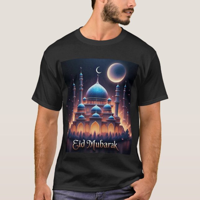 Glowing Blue Mosque Eid Mubarak T-Shirt For Men (Front)
