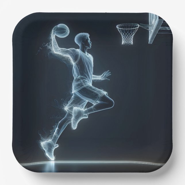Glowing Blue Neon Basketball Player  Paper Plates (Front)