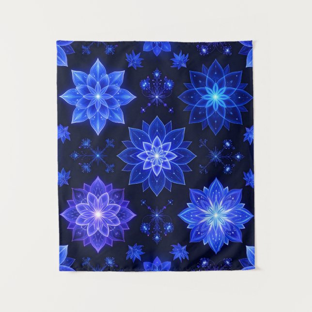 Glowing Blue Purple Floral Abstract Tapestry (Front)
