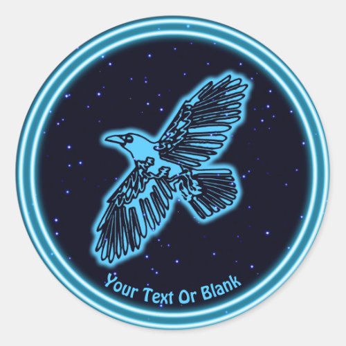 Glowing Blue Raven On Stars Classic Round Sticker