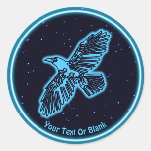 Glowing Blue Raven On Stars Classic Round Sticker