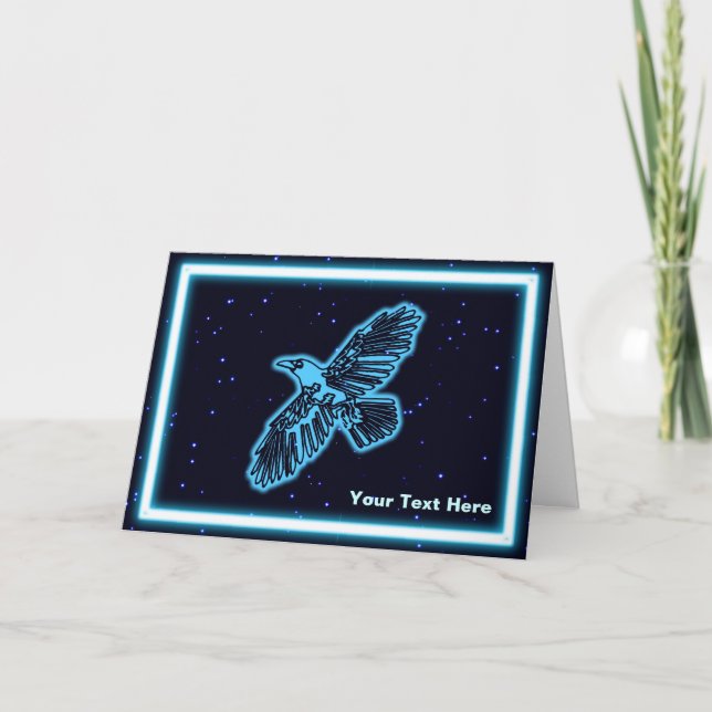 Glowing Blue Raven On Stars Holiday Card (Front)