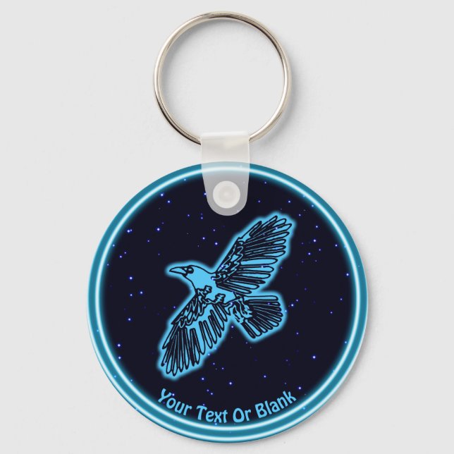 Glowing Blue Raven On Stars Keychain (Front)