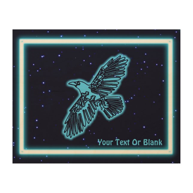 Glowing Blue Raven On Stars Wood Wall Art (Front)