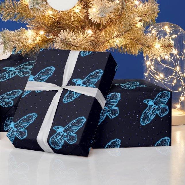 Glowing Blue Raven On Stars Wrapping Paper (Holidays)