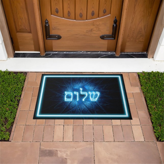 Glowing Blue Shalom On Etched Star of David Doormat (Outdoor)