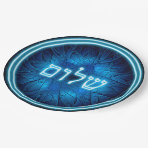 Glowing Blue Shalom On Etched Star of David Paper Plates