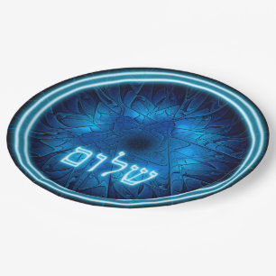 Glowing Blue Shalom On Etched Star of David Paper Plates