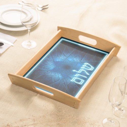 Glowing Blue Shalom On Etched Star of David Serving Tray