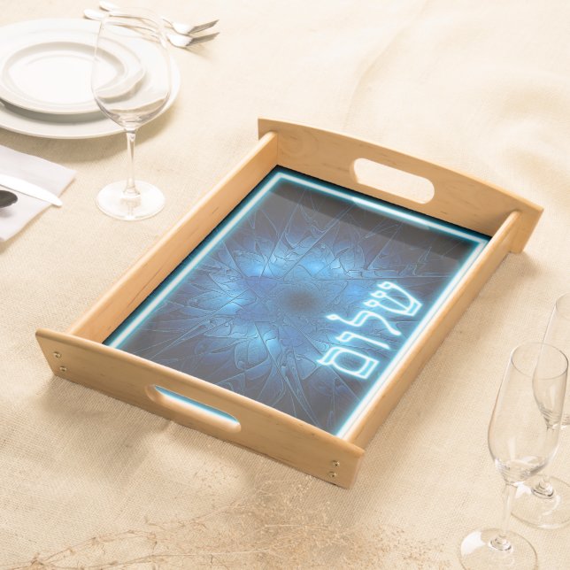 Glowing Blue Shalom On Etched Star of David Serving Tray (Front)