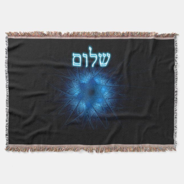 Glowing Blue Shalom On Etched Star of David Throw Blanket (Front)