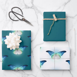 Glowing blue white butterflies Birthday Wrapping Paper Sheets