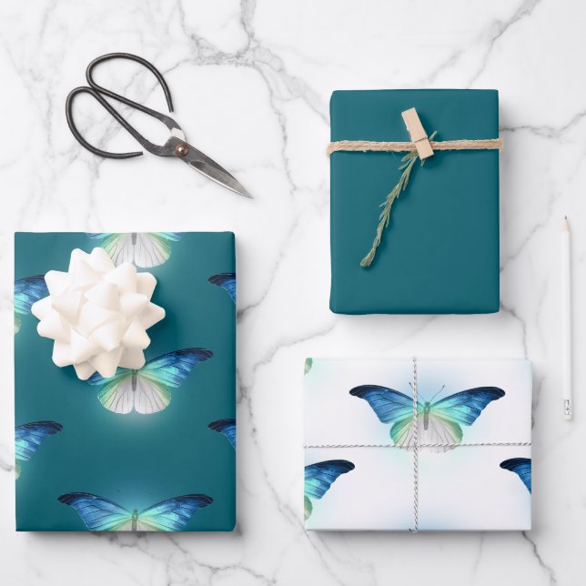 Glowing blue white butterflies Birthday Wrapping Paper Sheets (Front)