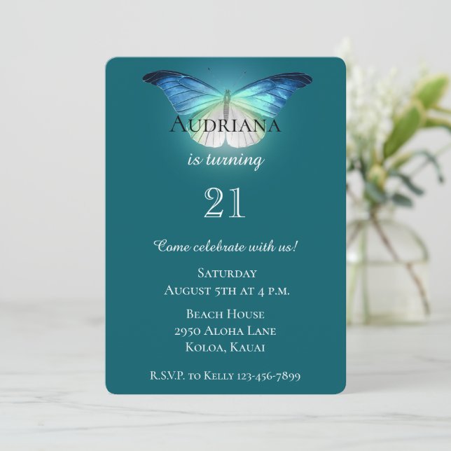 Glowing blue white butterfly Birthday Invitation (Standing Front)