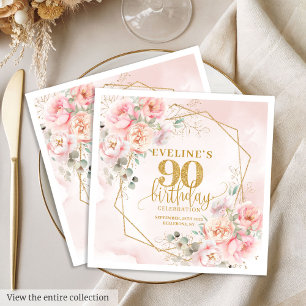 Glowing blush pink floral 90th birthday party napkins