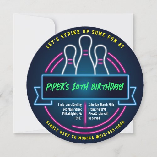 Glowing BOWLING BALL ROUND Birthday Party Invitation