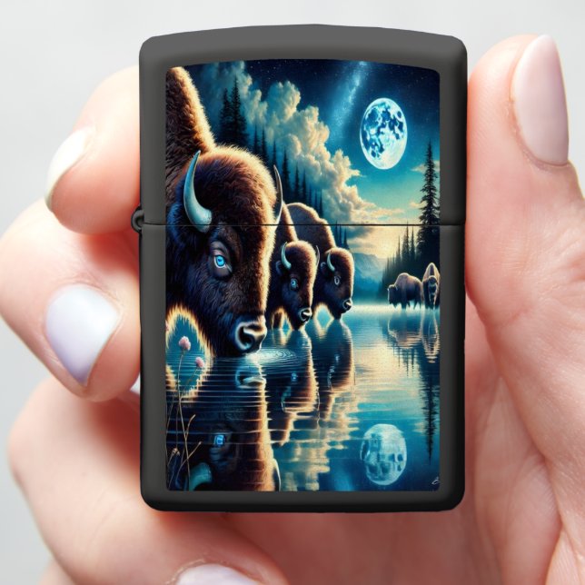 Glowing Buffaloes Under Infinite Stars Zippo Lighter (In Hand)