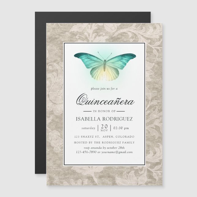 Glowing Butterfly and Vintage Damask Quinceañera Magnetic Invitation (Front/Back)