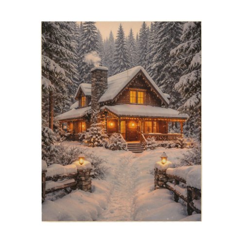 Glowing Cabin in the Snowy Pines Wood Wall Art