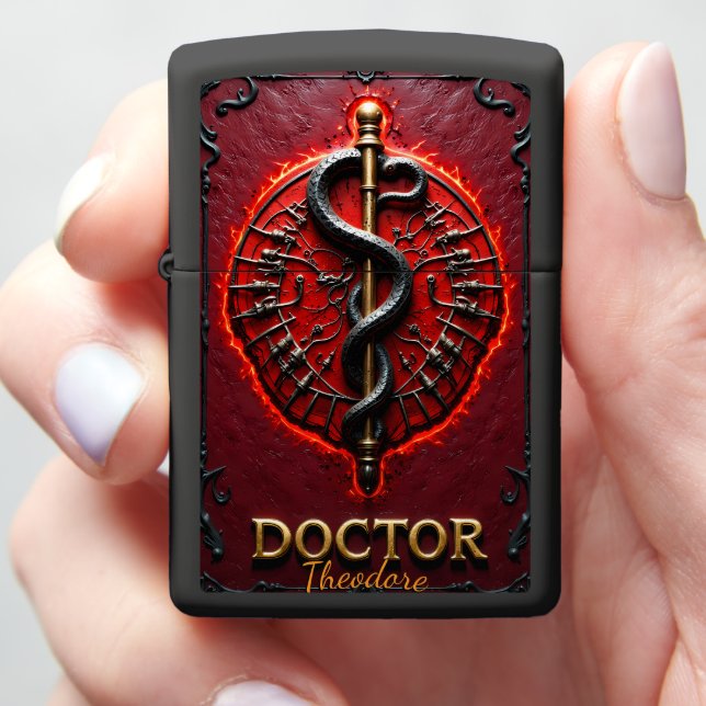 Glowing Caduceus Doctor Physician Gift Red Zippo Lighter (In Hand)