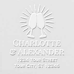 Glowing Champagne Glasses Couple Names Address Embosser