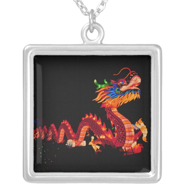 Glowing Chinese Parade Dragon Silver Plated Necklace (Front)