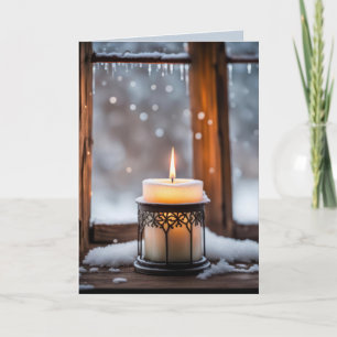 Glowing Christmas Candle In Snow Holiday Card