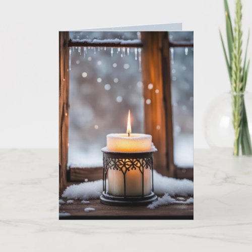 Glowing Christmas Candle In Snow Holiday Card