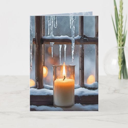 Glowing Christmas Candle In Snow Holiday Card