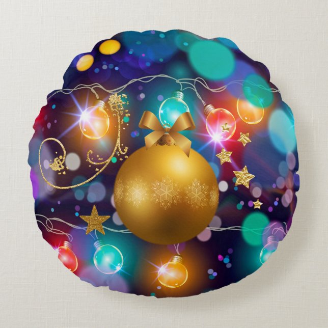Glowing Christmas Lights Bokeh Golden Ornament Round Pillow (Front)