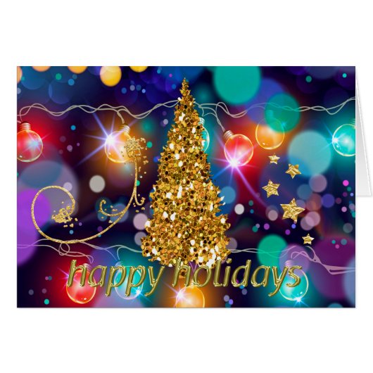 Glowing Christmas Lights Bokeh Golden Tree & Stars (Front Horizontal)
