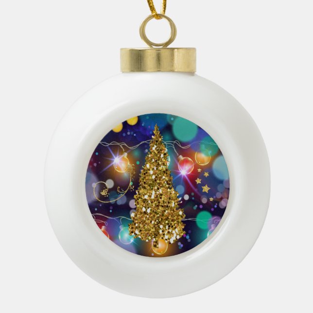 Glowing Christmas Lights Bokeh Golden Tree & Stars Ceramic Ball Christmas Ornament (Front)