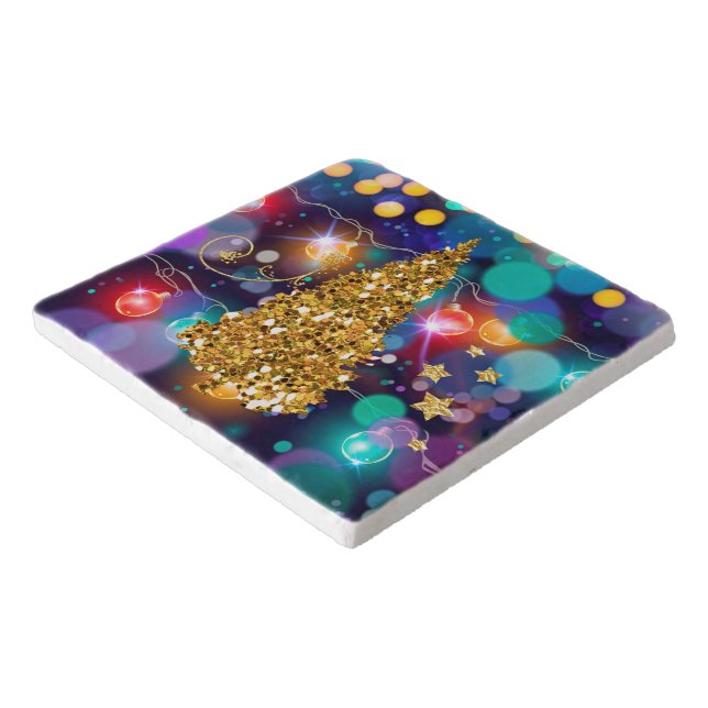 Glowing Christmas Lights Bokeh Golden Tree Trivet (Corner)