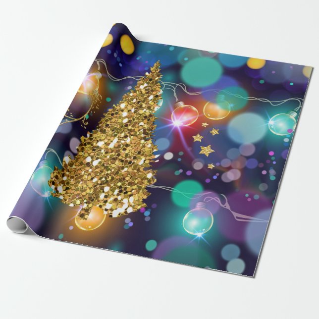 Glowing Christmas Lights Bokeh Golden Tree Wrapping Paper (Unrolled)
