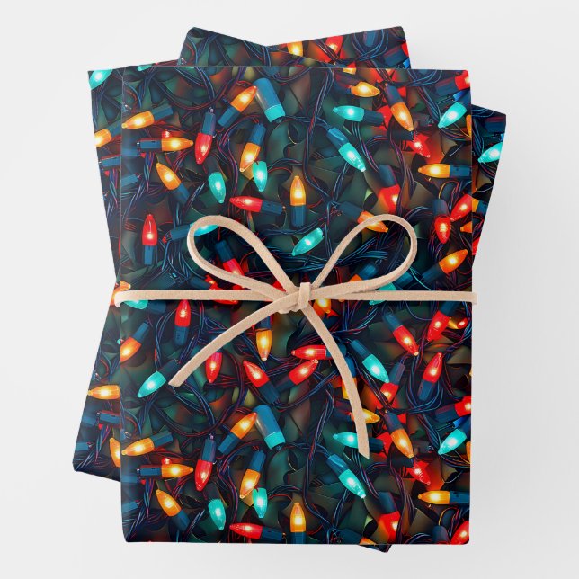 Glowing Christmas Lights Pattern Wrapping Paper Sheets (In situ)