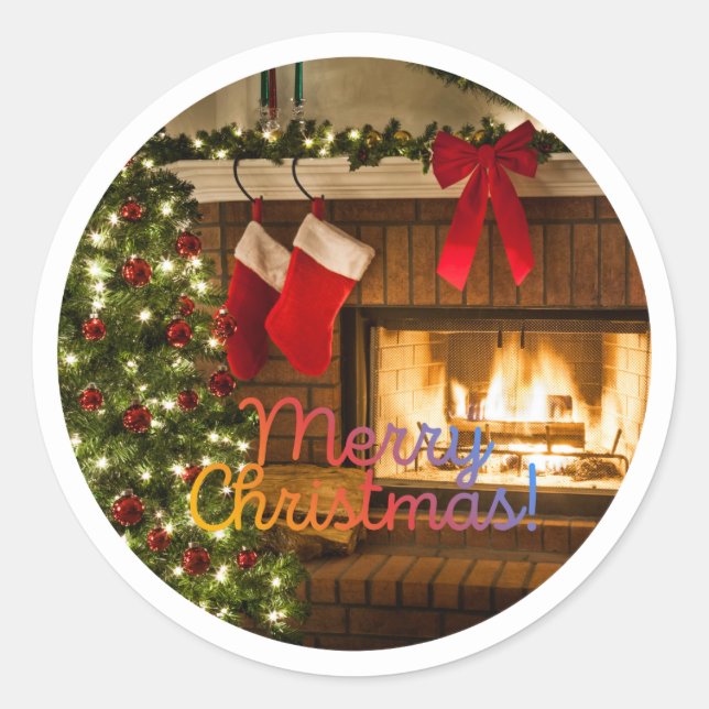 Glowing Christmas Tree and Fireplace Round Sticker (Front)