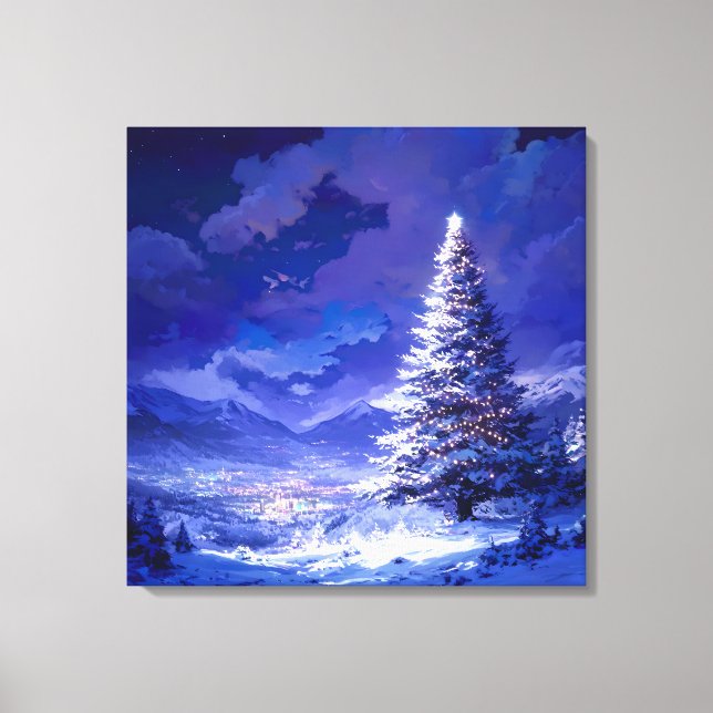 Glowing Christmas Tree Snowy Mountain Landscape Canvas Print (Front)