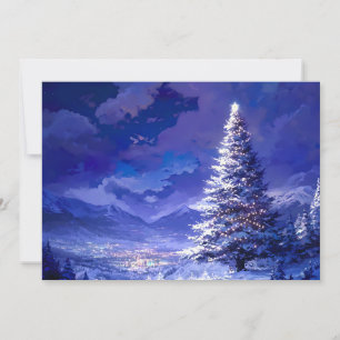 Glowing Christmas Tree Snowy Mountain Landscape Holiday Card