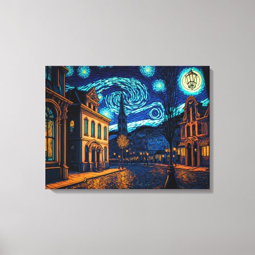 Glowing City Street under Starry Night Sky _ Canvas Print