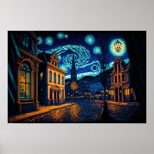 Glowing City Street under Starry Night Sky _ Poster