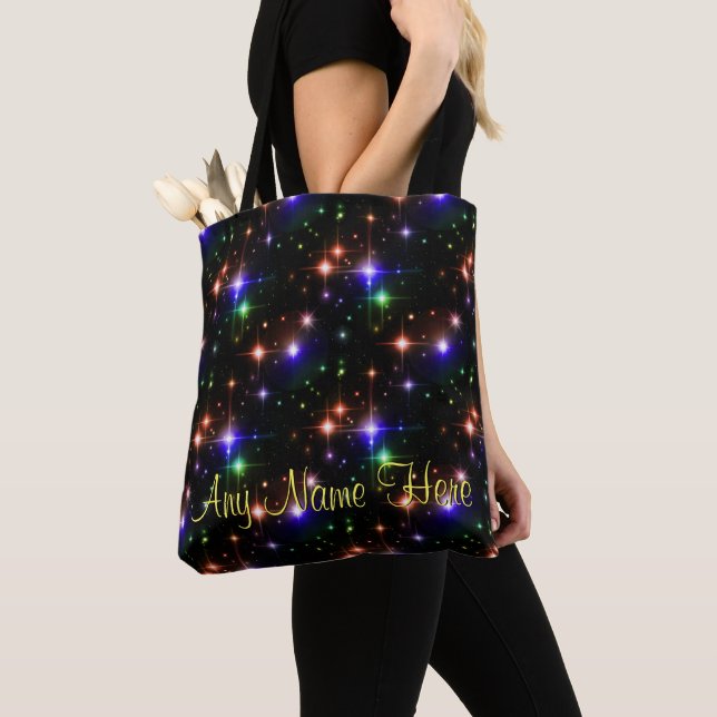 Glowing Colorful Stars Trendy Black Carryall Tote Bag (Close Up)