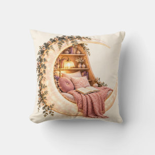 Glowing Crescent Moon Reading Nook Throw Pillow