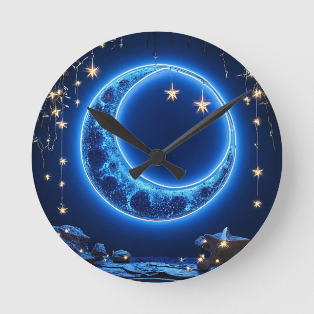 Glowing crescent moon round clock (Front)