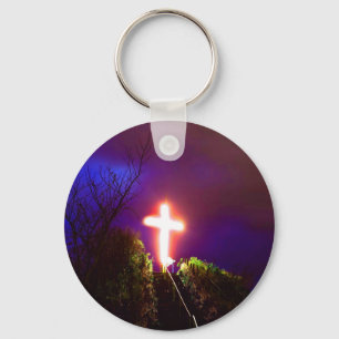 Glowing Cross At Night God Loves Keychain