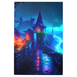 Glowing Cyberpunk Fortress Fantasy Synthwave Art