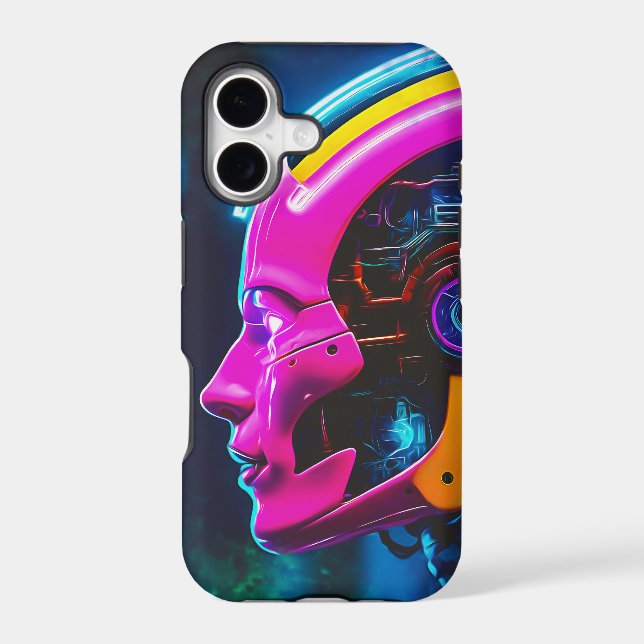 Glowing Cyborg Profile Neon Pink Sci-Fi iPhone Case (Back)